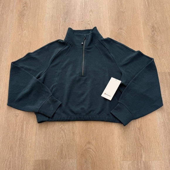 lululemon athletica Tops - Lululemon Scuba Cropped 1/2 Zip Funnel Neck Women XL Storm Teal Waffle Pullover